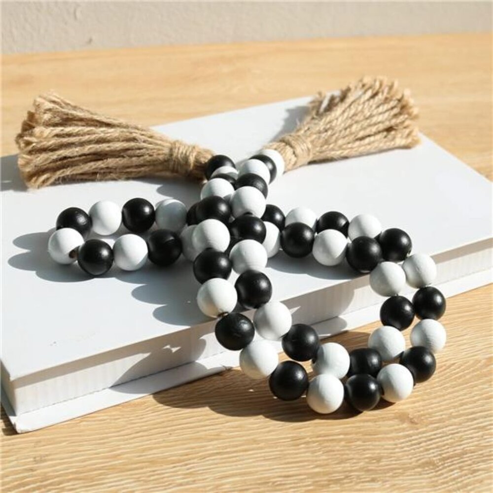 Wood Bead Garland,39in Farmhouse Beads with Tassels Boho Beads for Tiered Tray